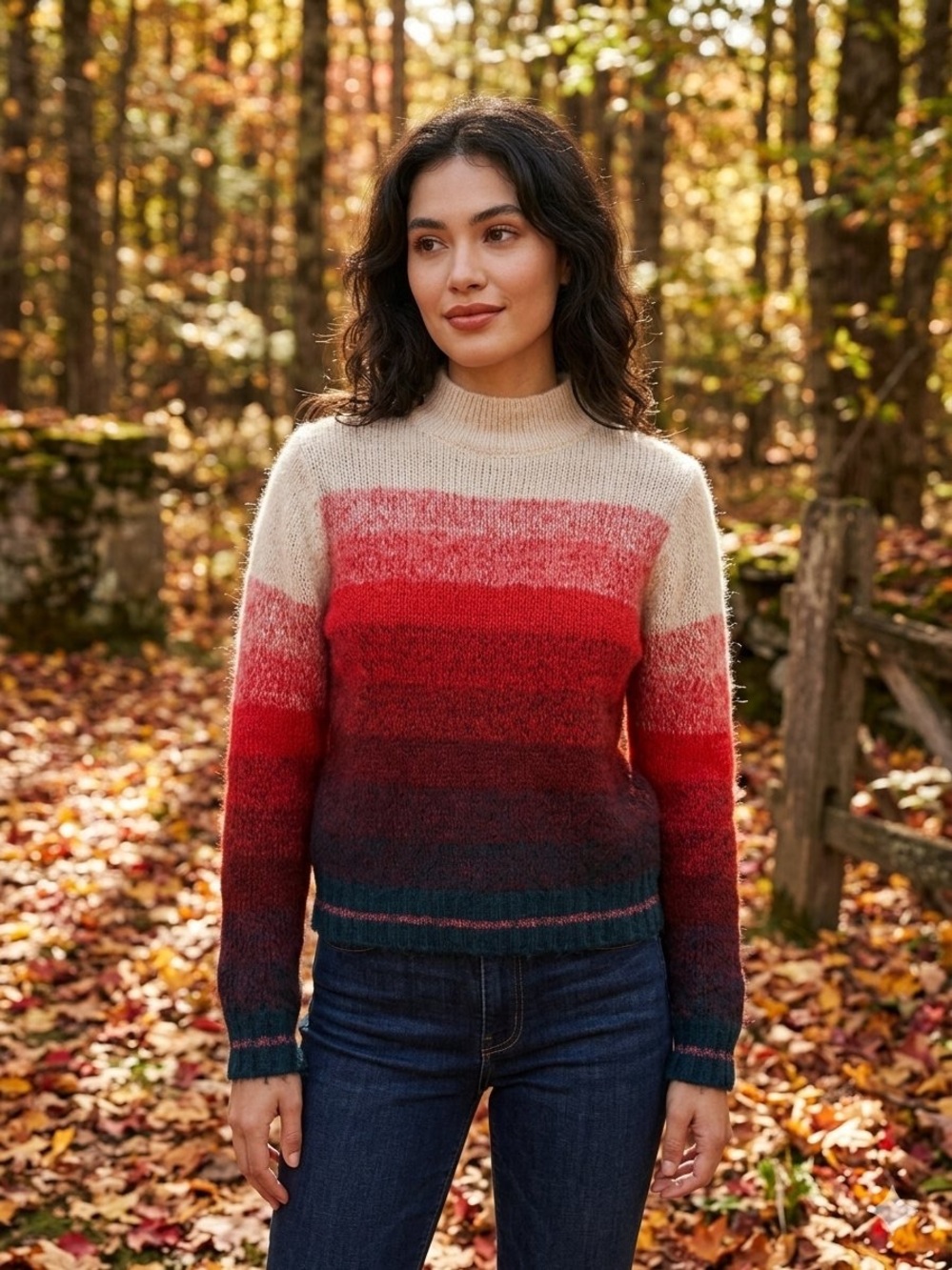 American Eagle Outfitters Women’s Cream-Red-Navy Ombré Fuzzy Mock-Neck Sweater